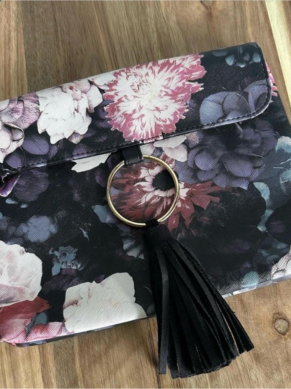 Floral Print Tassel Clutch in Black and Pink